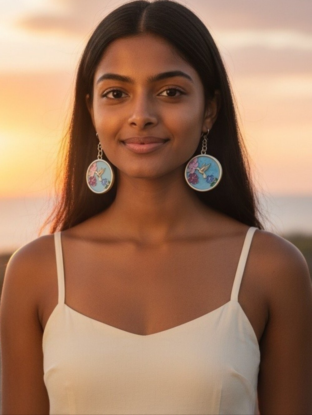 Artisan Blue, Purple and Pink Hummingbird Drop Earrings